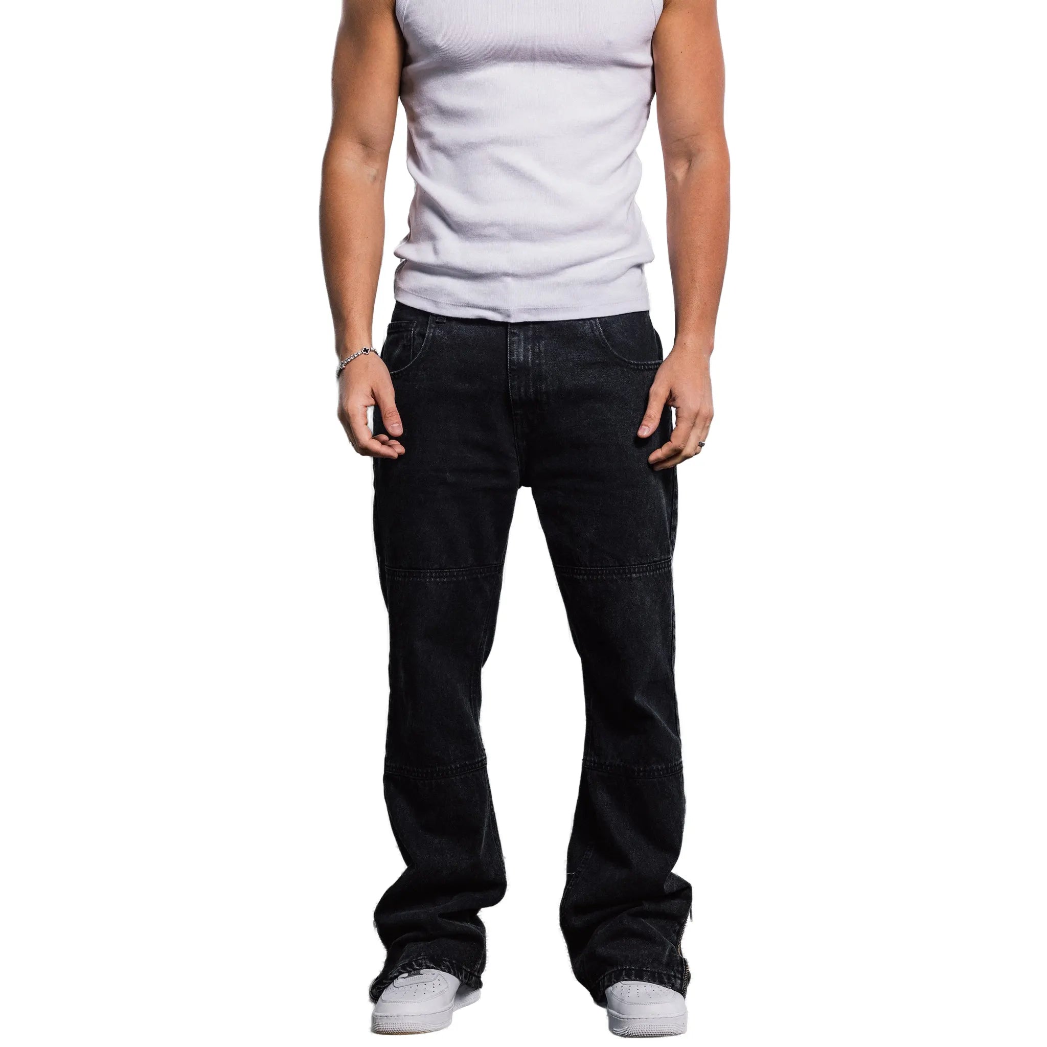 Front View of Bénir Clothing Zip Flare Black Jeans HEM-BLK ZIP